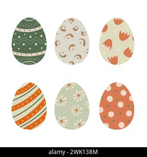 Set of cute decorated Easter eggs isolated on white background. Collection of symbols of religious holiday covered with different patterns - dots Stock Photo