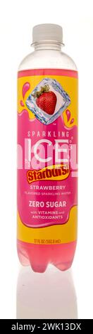 Winneconne, WI - 10 February 2024: A bottle of Sparkling ice drink in Starburst strawberry flavor on an isolated background. Stock Photo