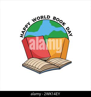 World book day 23 april. Stack of colorful books with open book on teal background. Education vector illustration Stock Vector