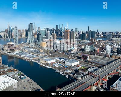 New York City skyline from Newtown Creek in Queens at the border between Brooklyn and Queens. Stock Photo