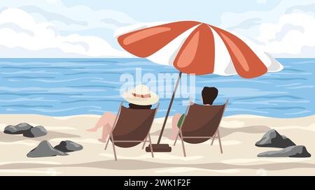 A couple sunbathing and relaxing on lounge chairs under a vibrant striped umbrella by the tranquil seaside. Summertime, holiday, vacation, travel Stock Vector