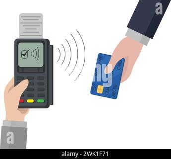 Vector Illustration of a Customer Using a Contactless Payment Method with a Credit Card on a Modern POS Terminal. Hand holding a credit card near POS Stock Vector