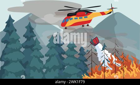 Vector illustration of forest fire scene with a helicopter conducting rescue operations to contain the fire and protect the ecosystem. Stock Vector