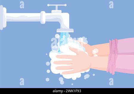 Vector Illustration of Hand Washing Under a Running Faucet. A pair of hands are in soap suds. Health, personal care, cleanliness and hygiene concepts. Stock Vector