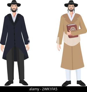Two Orthodox Jewish men, adorned in traditional attire, stand solemnly, one holding the sacred Torah. Vector illustration. Stock Vector