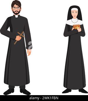 Catholic priest and nun vector illustration isolated on white. Priest holding cross rood and nun holding a bible. Full length portrait. Stock Vector