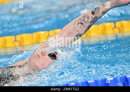 Doha, Qatar. 17th Feb, 2024. Anastasiya Shkurdai competes during the women's 200m backstroke final of swimming event at the World Aquatics Championships 2024 in Doha, Qatar, Feb. 17, 2024. Credit: Xue Yuge/Xinhua/Alamy Live News Stock Photo