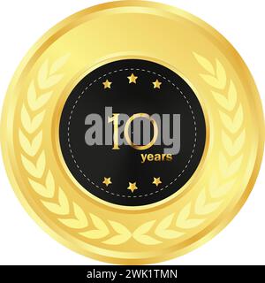 10th anniversary in gold and Black, anniversary gift, 10th Year Anniversary Celebrating, Golden seal, golden ring, birthday celebration Stock Vector