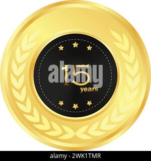 15th anniversary in gold and Black, anniversary gift, 15th Year Anniversary Celebrating, Golden seal, golden ring, birthday celebration Stock Vector