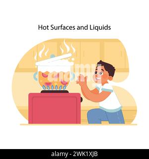 Burn prevention guide. Smiling surprised little boy ready to touch pot ...