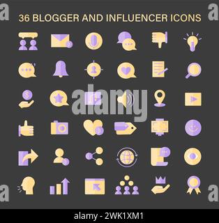 Blogger and Influencer icons set. Versatile icons for content creation, audience engagement, and personal branding. Digital marketing and social media presence tools. Flat vector illustration. Stock Vector