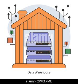 Data warehouse. Centralized data storage systems with advanced connectivity. Organizational data consolidation for optimized analysis. Flat vector illustration. Stock Vector