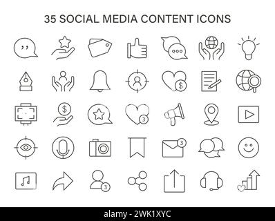 Social Media Content icons set. Array of digital engagement and network interaction icons. Communication, sharing, connection in online communities. Flat vector illustration. Stock Vector