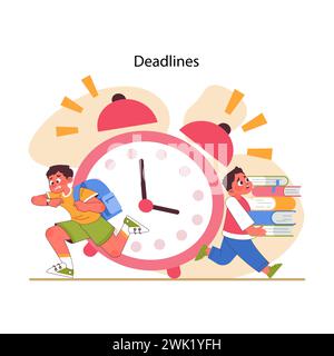 Educational stress concept. Students race against the clock carrying books and backpack. Urgency of looming deadlines in academic setting. Relentless tick of time. Flat vector illustration Stock Vector
