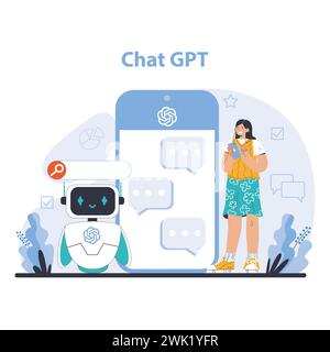 Chat GPT concept. Interactive AI chatbot technology for seamless communication. Engages users with instant, intelligent responses. Flat vector illustration. Stock Vector