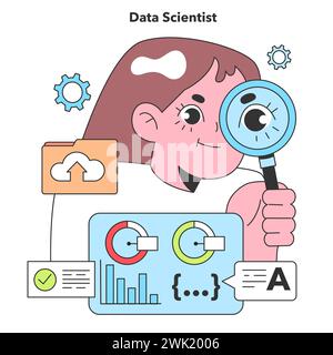 A Data Scientist meticulously analyzes information, uncovering hidden patterns within data to predict trends and inform decision-making. Stock Vector