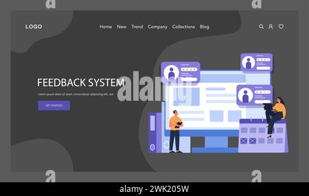 Feedback System concept. Professionals analyzing user ratings and reviews on a digital platform, enhancing customer experience. Continuous improvement strategy. Flat vector illustration. Stock Vector