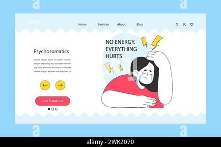 Psychosomatics web banner or landing page. Neurosis, chronic stress and anxiety mental disorder. Crying sad woman suffering from pain and low energy. Flat vector illustration Stock Vector