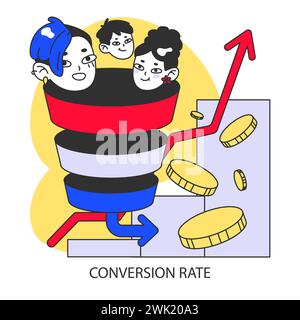 Conversion funnel concept. Visualization of customer journey and conversion rate growth. Strategic marketing funnel stages with coin incentives. Flat vector illustration. Stock Vector