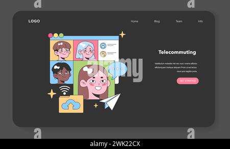 Telecommuting concept with a diverse team engaged in a virtual meeting. Sharing ideas and collaborating from different locations. Flat vector illustration Stock Vector