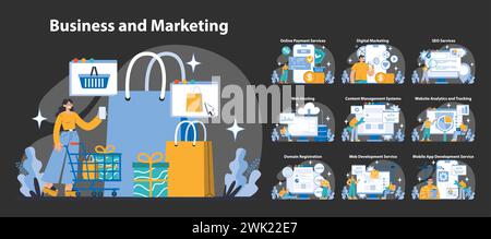 Business and Marketing night or dark mode set. E-commerce solutions and digital strategies. Engaging online shopping, effective SEO, and web services. Flat vector illustration. Stock Vector