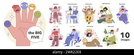 The Big Five Personality Traits concept. Visual guide to understanding character with emotive representations and behaviors. Insightful psychological profiles. Flat vector illustration Stock Vector