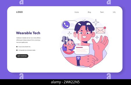 Wearable technology web banner or landing page. Smart device. Character using electronic device to monitor, analyze and transmit personal data. Smartwatches. Flat vector illustration Stock Vector