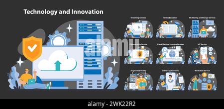 Technology and Innovation night or dark mode set. Digital era services and computing advances. Cloud storage, cybersecurity, AI, IoT, and blockchain integration. Flat vector illustration. Stock Vector