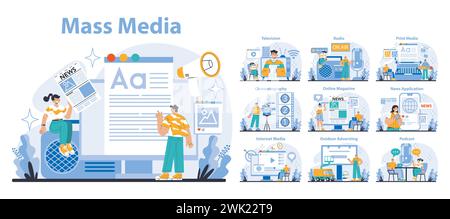 Mass media set. Diverse digital platforms and broadcasting methods. Engaging content creation and sharing. Communication technology evolution. Flat vector illustration. Stock Vector