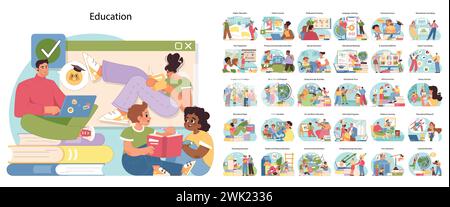 Comprehensive education set. People of various ages and races study. Wide array of educational scenes, from digital learning to traditional classrooms and cultural education. Flat vector illustration Stock Vector