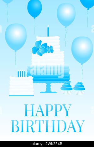 Blue Happy Birthday Congratulation Card or Postcard Illustration With Cake and Balloons Stock Vector