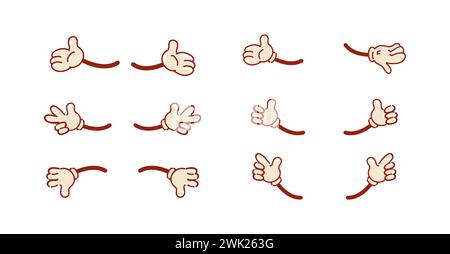 Set of vintage hand gestures for a character. Retro cartoon style. Like, peace, open palm. For stickers, design elements. Cartoon human palms and wris Stock Vector