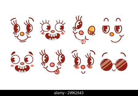 Set of vintage faces with different character emotions. Retro cartoon style. Smiling, winking, cool in sunglasses, joyful, cunning. For stickers, desi Stock Vector