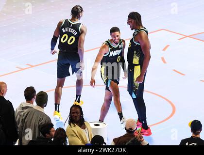 Indianapolis, USA. 17th Feb, 2024. Indiana Pacers guard Bennedict Mathurin (L), guard Tyrese Haliburton (C) and center Myles Turner celebrate victory at the skills challenge during the NBA All-Star 2024 at Lucas Oil Stadium in Indianapolis, the United States, on February 17, 2024. Credit: Joel Lerner/Xinhua/Alamy Live News Stock Photo