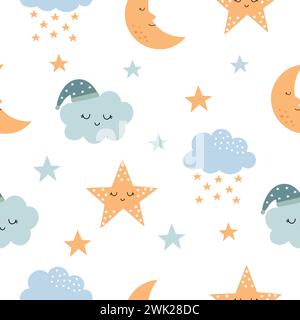 Pattern with cute moon, stars and clouds Stock Vector