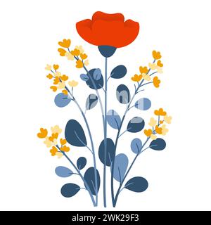 Bouquet of plants and red flowers in flat style on white background. Meadow flowers and grasses, leaves and poppies. Vector illustration Stock Vector