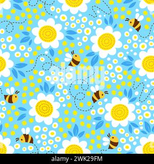 Bees on blossom meadow. Hand drown seamless vector pattern design Stock Vector