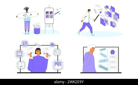 Prompt engineering set. Artificial intelligence create an images and multimedia. Crafting precise instructions that guide AI models to generate visual Stock Vector