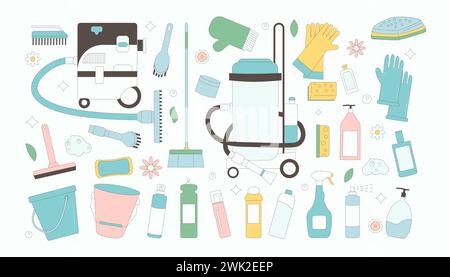 Cleaning spring set isolated on white background. Season wash home tools and equipment. Vacuum, gloves and other items for cleanup. Vector flat with o Stock Vector