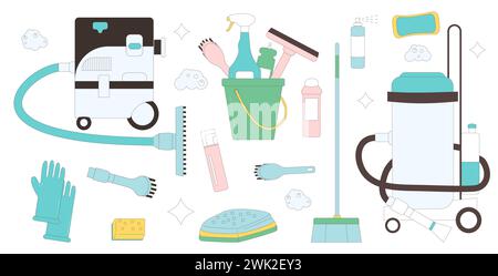 Cleaning service. Vacuum, bucket gloves and brushes with bottles for cleanup. House wash tools set isolated on white background. Vector flat with outl Stock Vector