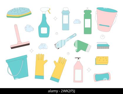 Cleaning tools set isolated on white background. Wash house items and equipment collection. Sponge, gloves and brushes with soap bottles for cleanup. Stock Vector