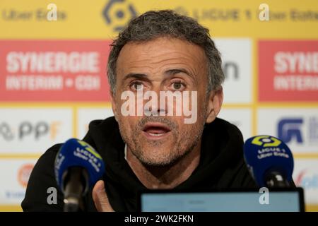 Nantes, France. 18th Feb, 2024. PSG coach Luis Enrique during the post-match press conference following the French championship Ligue 1 football match between FC Nantes and Paris Saint-Germain on February 17, 2024 at La Beaujoire - Louis Fonteneau stadium in Nantes, France - Photo Jean Catuffe/DPPI Credit: DPPI Media/Alamy Live News Stock Photo