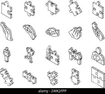 Jigsaw icons set. Isometric set of jigsaw vector icons outline isolated ...