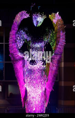 Knife Angel sculpture that's currently touring the UK. Seen here illuminated outside the Royal Armouries at Leeds Dock until the end of February 2024 Stock Photo