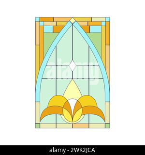Stained glass window of rectangular shape with arch and colorful mosaic pattern inside frame vector illustration Stock Vector