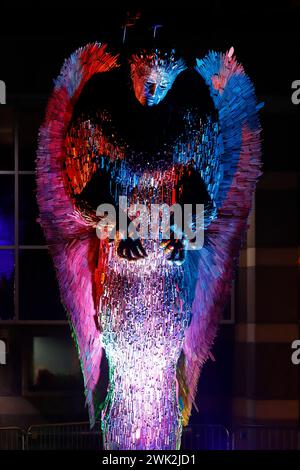 Knife Angel sculpture that's currently touring the UK. Seen here illuminated outside the Royal Armouries at Leeds Dock until the end of February 2024 Stock Photo