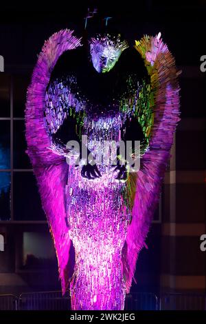 Knife Angel sculpture that's currently touring the UK. Seen here illuminated outside the Royal Armouries at Leeds Dock until the end of February 2024 Stock Photo