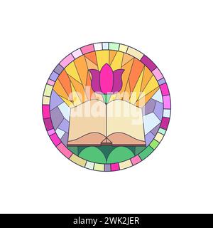 Stained glass round window with circular border, open book and flower vector illustration Stock Vector