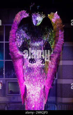 Knife Angel sculpture that's currently touring the UK. Seen here illuminated outside the Royal Armouries at Leeds Dock until the end of February 2024 Stock Photo