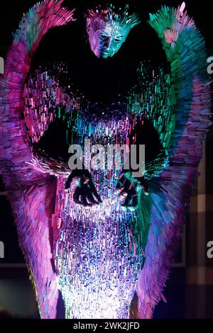 Knife Angel sculpture that's currently touring the UK. Seen here illuminated outside the Royal Armouries at Leeds Dock until the end of February 2024 Stock Photo